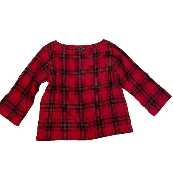 Madewell Red Black Plaid Boat Neck 3/4 Sleeve Cotton Top Womens Small Buffalo - Picture 2 of 5